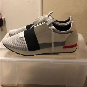All white Balenciaga tennis shoes/ Race runners